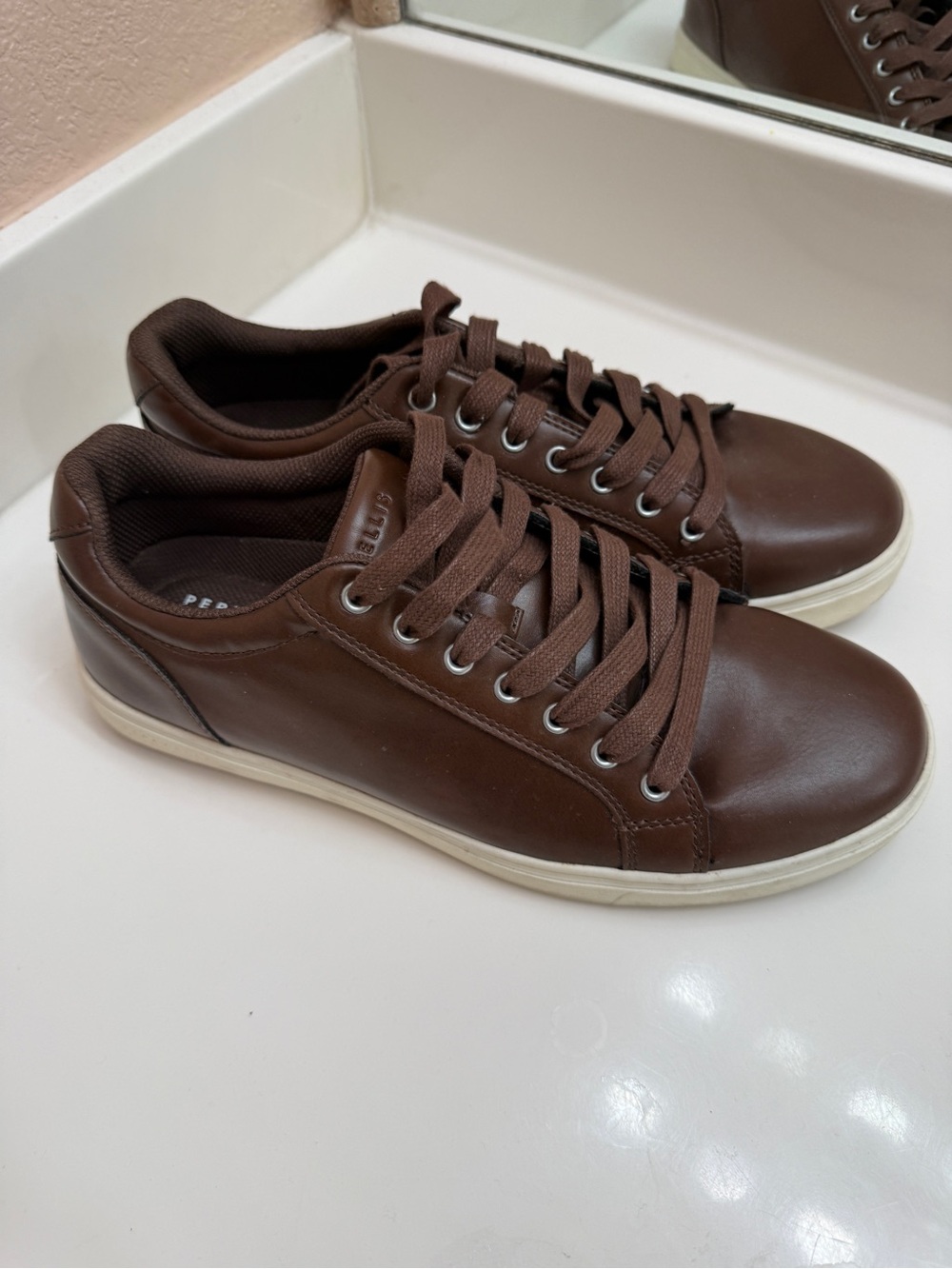 Perry Ellis Portfolio Mens 9 Vincent Brown Faux Leather Lace Up Casual Sneakers